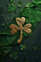 St. Patrick's Day theme with gold four-leaf clovers on green and gray textured fabric.