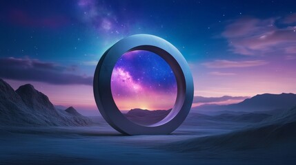 Relaxing landscape with a sky opening into an unusual portal filled with stars and galaxies