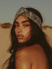 Wall Mural - Close-up of Woman with Headscarf, Bronzed Skin, Intense Gaze