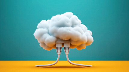 Poster - Cloud with network cables plugged in, symbolizing cloud computing and data connectivity on a teal and orange background.