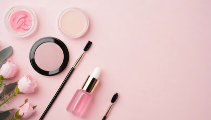 Make up beauty concept. Top view vertical photo of beauty blenders pink eye patches lip gloss glass dropper bottle and two stylish hairpins on pastel pink background with empty space
