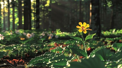 Wall Mural - A Single Yellow Wildflower in a Forest Setting