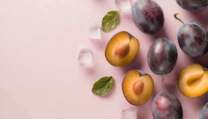 Wall Mural - Top view photo of halves and whole plums ice cubes on the right and water drops on isolated pastel pink background with copyspace on the left
