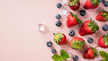 Wall Mural - Top view photo of scattered strawberries with leaves blueberries and ice cubes on the right water drops on isolated light pink background with copyspace on the left
