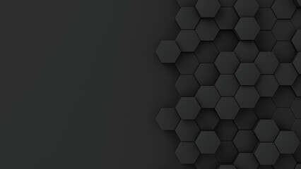 Aufkleber - Black hexagons with random size on dark backdrop. A place for text on the left. Abstract 3d render illustration geometrical concept background.