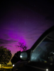Wall Mural - bright red-violet sky northern lights and sun flares starry sky