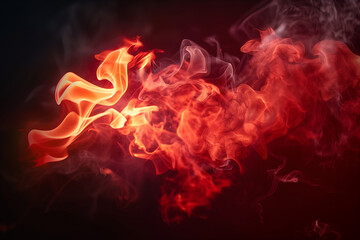 Burning fire, hot red flames and smokes on black background