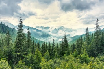 Wall Mural - A serene view of a pine forest with misty mountains in the background, under an overcast sky.