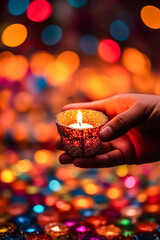 Wall Mural - a person is holding a candle in a small glass container, symbolizing the indian festival of diwali. 