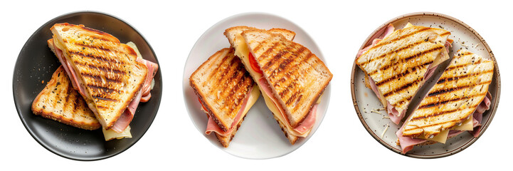 Wall Mural - Set of Decorated on a plate Pressed and toasted sandwich with ham and cheeses isolated on a transparent background