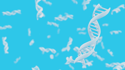 White DNA double helix strand on blue background. science and biotechnology concept. 3d render illustration