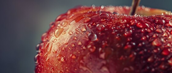 Wall Mural - Close-up of a dewy, red apple with glistening water droplets, capturing the freshness and vibrant color in a mesmerizing, macro perspective.