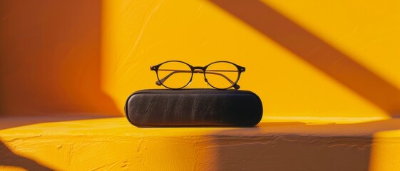 classic black-framed glasses rest atop a black case, basking in the vibrant yellow sunlight, casting