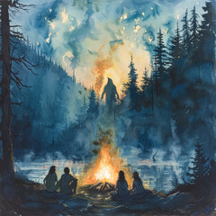 a painting of a group of people sitting around a campfire in a forest. the painting has a dark and e