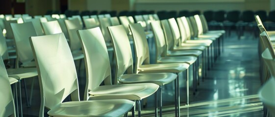 Rows of modern, white chairs bathed in soft natural light, creating a serene and organized setting possibly for an event or seminar.