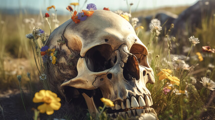 A skull with flowers painted on it is in a field of flowers. The skull is surrounded by a variety of flowers, including daisies, roses, and sunflowers. The scene is peaceful and serene, with the skull