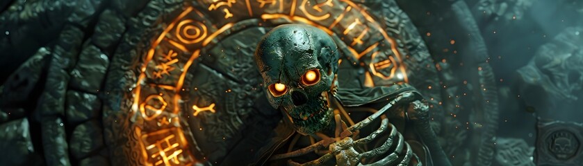 A haunting skeleton figure illuminated by eerie orange light and surrounded by ancient runic symbols in a dark, mystical cave.