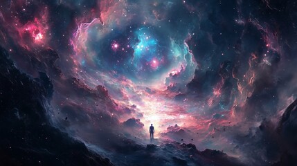Wall Mural - a figure gracefully floats among galaxies, embodying spiritual awakening in a vibrant cosmic landsca