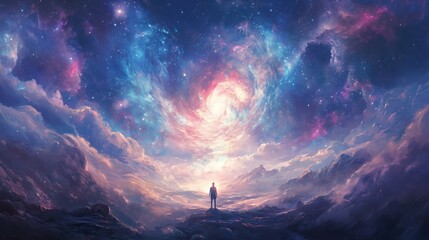 Wall Mural - a figure floats in a cosmic landscape, radiating spiritual awakening among swirling galaxies and neb