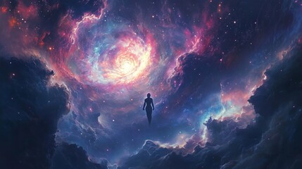 Wall Mural - a figure floats in a vibrant cosmic landscape, symbolizing spiritual awakening and exploration.