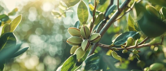 A vibrant almond tree branch, bearing ripe almonds, basks in the warm glow of the sun.