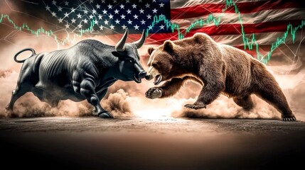 a bull and a bear fight against a stock market chart and an american flag.