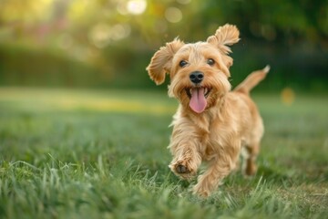 medium-sized dog on lawn. green grass, ears raised, tongue out, morning dawn