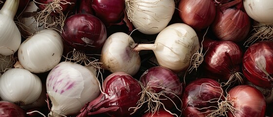 Wall Mural - A close-up of a pile of mixed red and white onions with roots attached.