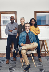Poster - Happy, business people and portrait of team in office of creative agency for collaboration and content creation. Copywriting group, confident and pride with diverse skills, unity and partnership.