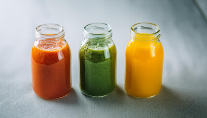 Canvas Print - Glass bottles filled with green, yellow, orange and red smoothies. Healthy beverage. Delicious drink