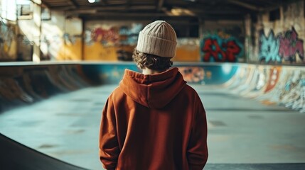 Wall Mural - Young skater in retro style indoor skate park preparing for practice