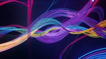 Poster - Colorful Optic Fiber Cables Creating Neon Waves on Dark Background Generative AI