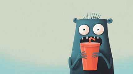 Cartoon monster drinking from a juice box with a surprised expression. Halloween. Template for banner, poster, greeting card