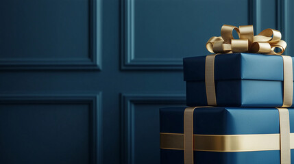 Background with gift boxes on blue background with stripes. Merry Christmas and Happy New Year. Backdrop for product sale advertising. Template with copy space for banner, poster, event invit