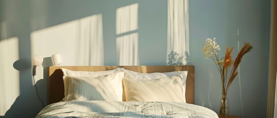 Sunstreams gently illuminate a cozy, well-made bed and a vase of dried flowers, creating a peaceful, serene atmosphere in the room.