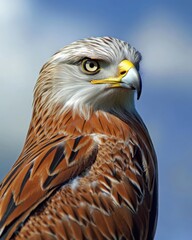 close-up of a majestic bird of prey with sharp eyes and a striking beak, set against a blue sky.