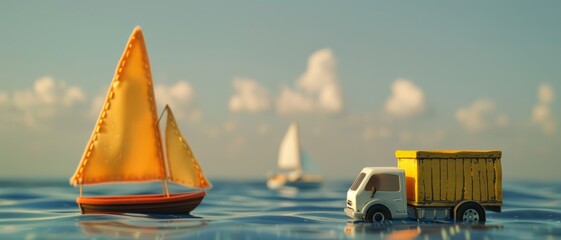 A miniature sailboat and a toy truck sit on a calm, reflective body of water under a sunny sky with scattered clouds.