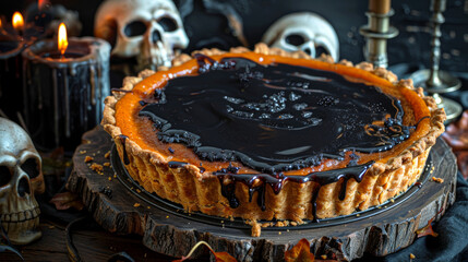 Halloween themed pumpkin pie with dark glaze, surrounded by skull decorations and candles, set on rustic wooden board. perfect for spooky holiday celebrations.