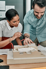 Poster - architecture, office and business people with 3d model of building for development, project and plan