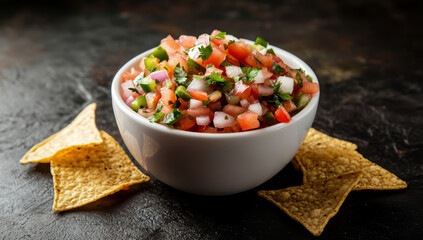 Fresh homemade pico de gallo salsa with crispy tortilla chips