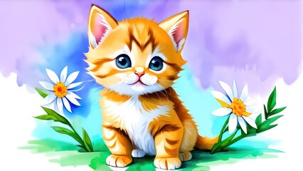 Wall Mural - Little ginger kitten with flowers in its paws, space for text 