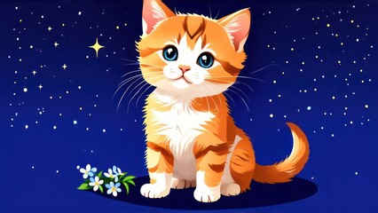 Wall Mural - Little ginger kitten with flowers in its paws, space for text 