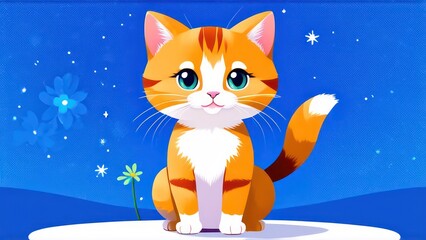 Wall Mural - Little ginger kitten with flowers in its paws, space for text 