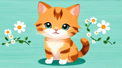 Wall Mural - Little ginger kitten with flowers in its paws, space for text 