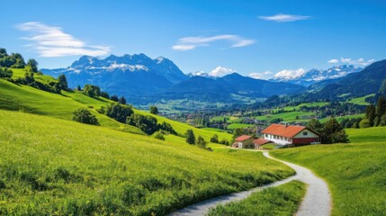 Wall Mural - Beautiful sunny day overlooking hills, houses, and snow-capped mountains in a tranquil countryside setting.