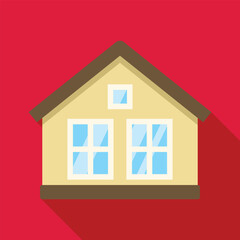 Sticker - Minimalist flat vector illustration of a small house with a brown roof casting a long shadow on a red background