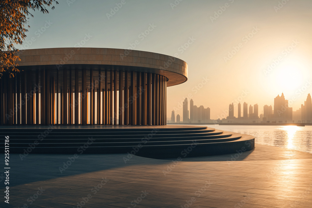 waterfront scene featuring a circular building with vertical columns ...