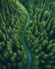 Poster - Aerial view of a winding road cutting through a dense, green forest under natural light.