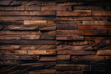 Wall Mural - Dark brown wooden wall with rich wood grain texture, retro interior design theme for modern home decor and industrial architecture, ideal for text overlay and creative design spaces.