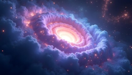 Wall Mural - A swirling, colorful cosmic nebula with a bright, glowing center surrounded by wispy, ethereal clouds and stars in the background